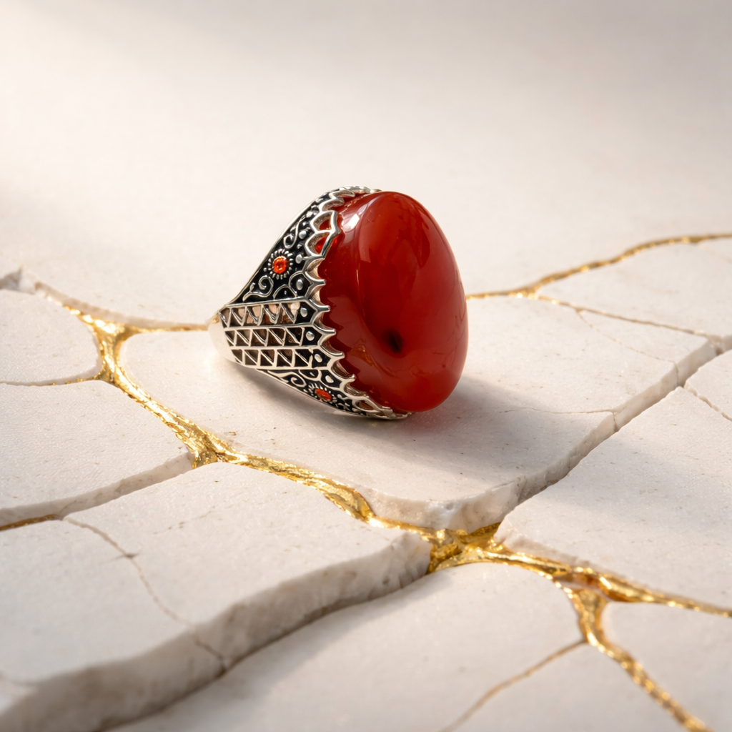 Premium Yemeni Red Agate Ring – Bold Handmade Silver Statement Piece