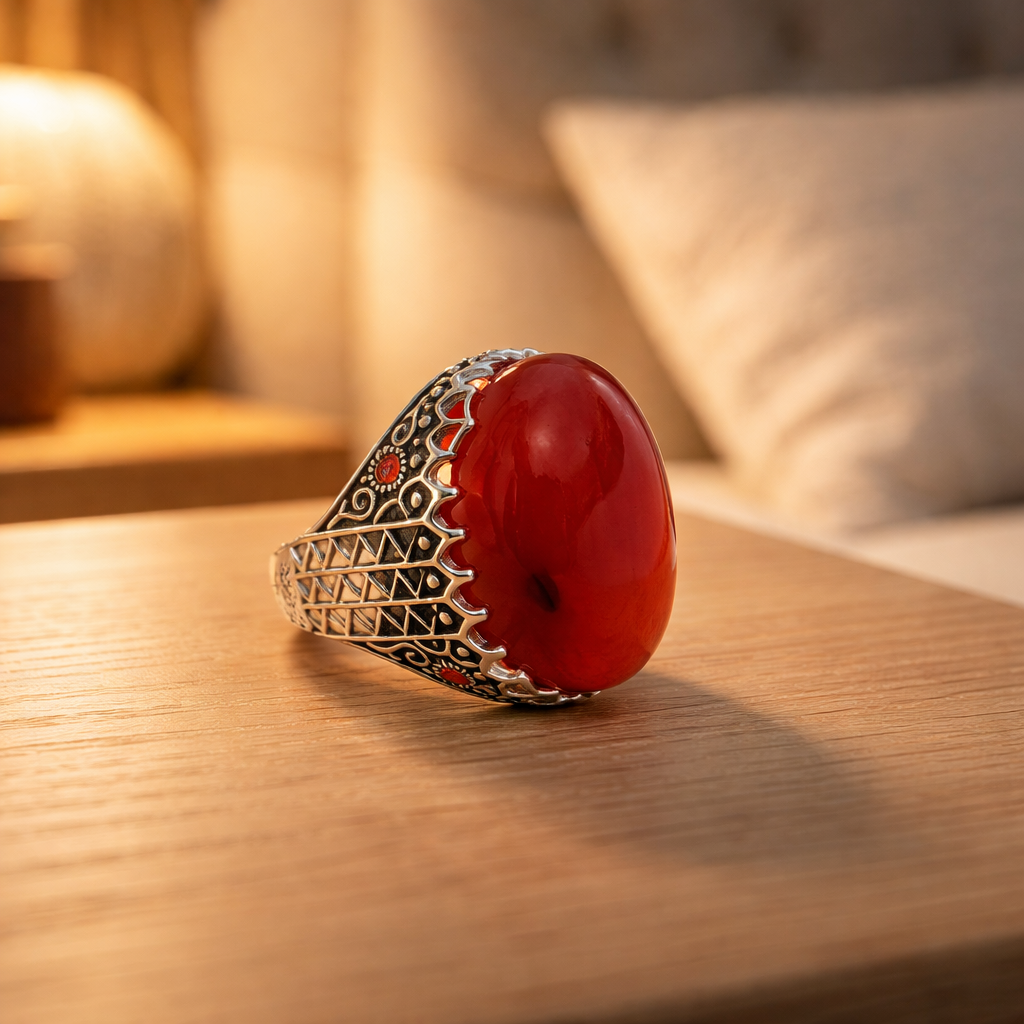 Premium Yemeni Red Agate Ring – Bold Handmade Silver Statement Piece