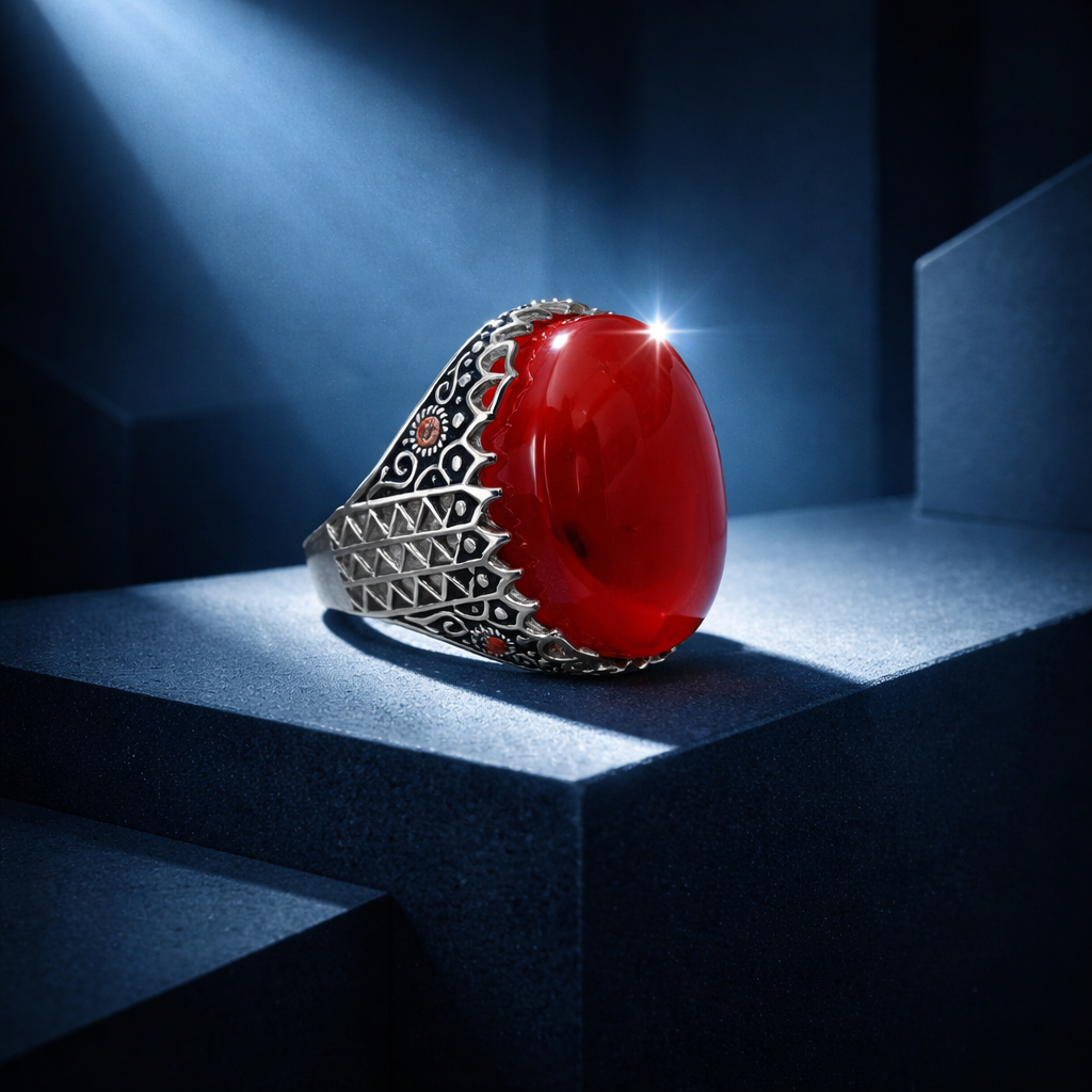 Premium Yemeni Red Agate Ring – Bold Handmade Silver Statement Piece