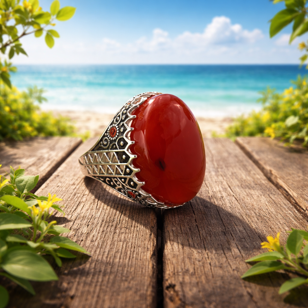 Premium Yemeni Red Agate Ring – Bold Handmade Silver Statement Piece