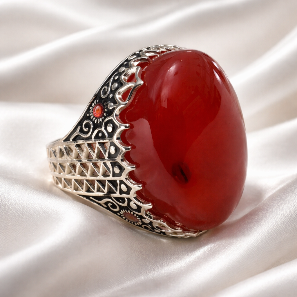 Premium Yemeni Red Agate Ring – Bold Handmade Silver Statement Piece